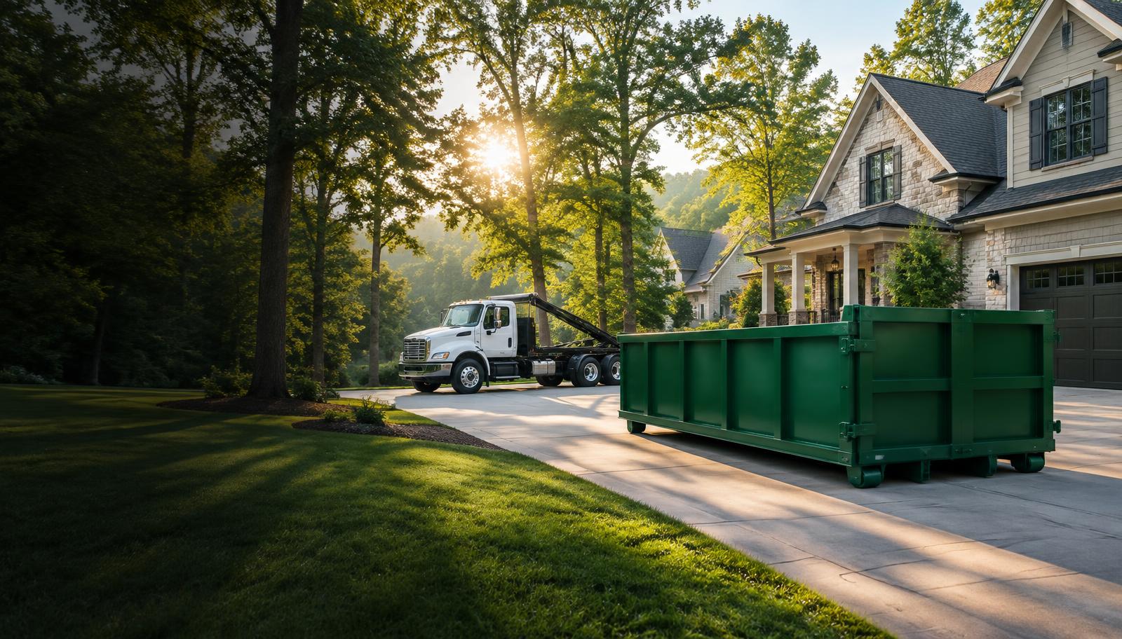 Green roll-off dumpster ready for a residential cleanup in Marietta, Georgia